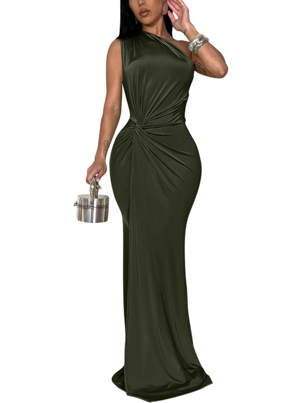Olive Green One Shoulder Twist Waist Long Formal Evening Prom Party Gown Sz M-L
